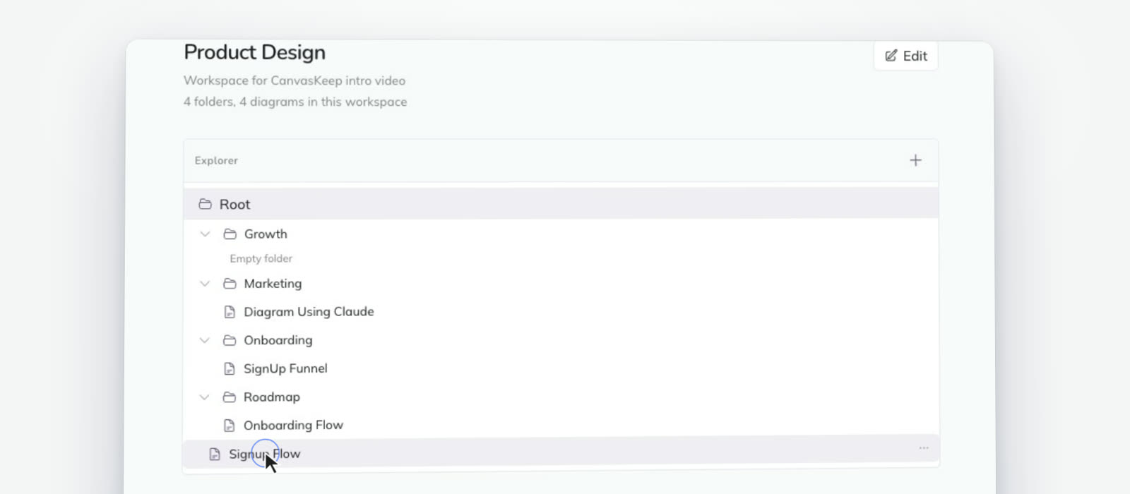 Dragging a diagram into a folder in the CanvasKeep workspace explorer